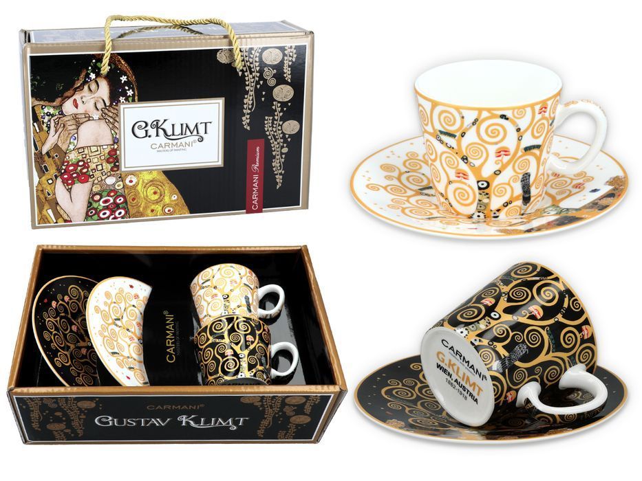 Kpl. 2 filiżanek espresso - G. Klimt, Drzewo życia białe i czarne tło