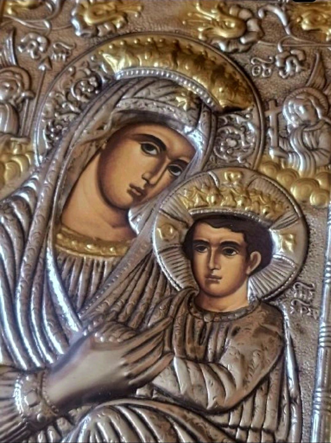 Ikona w kiocie GRECKA na desce Matka Boska z Dzieciątkiem Jezus.