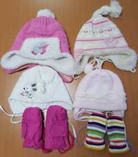 Śliczne czapki na zimę 4szt + rękawiczki 2 pary 1-4 latka dziewczynka