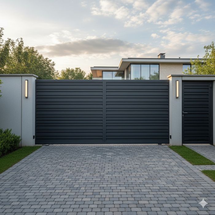 Brama wjazdowa dwuskrzydłowa , przesuwna wypełnenie panelem , palisada