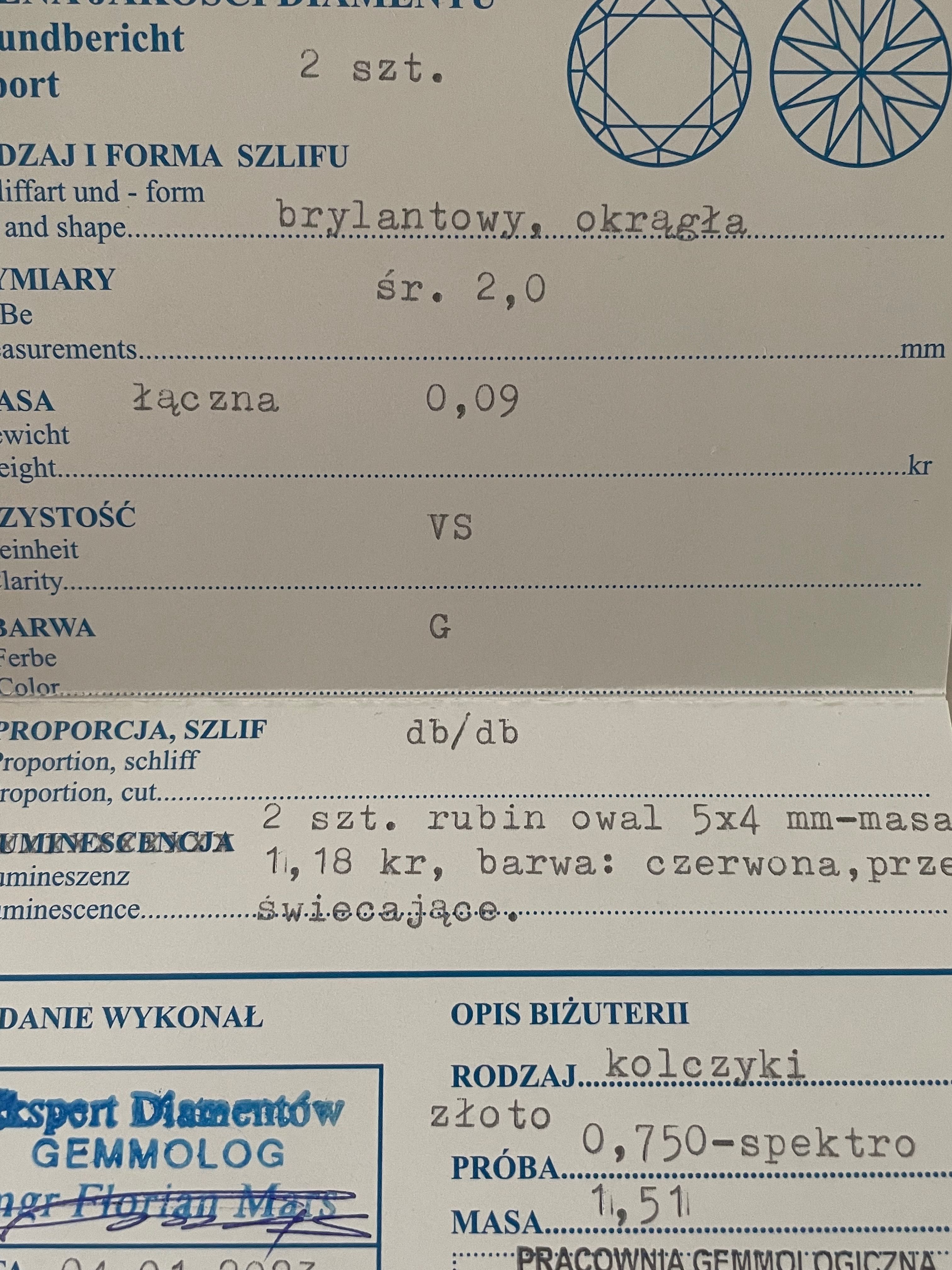 Złote kolczyki z rubinami brylantami 18-karatowe