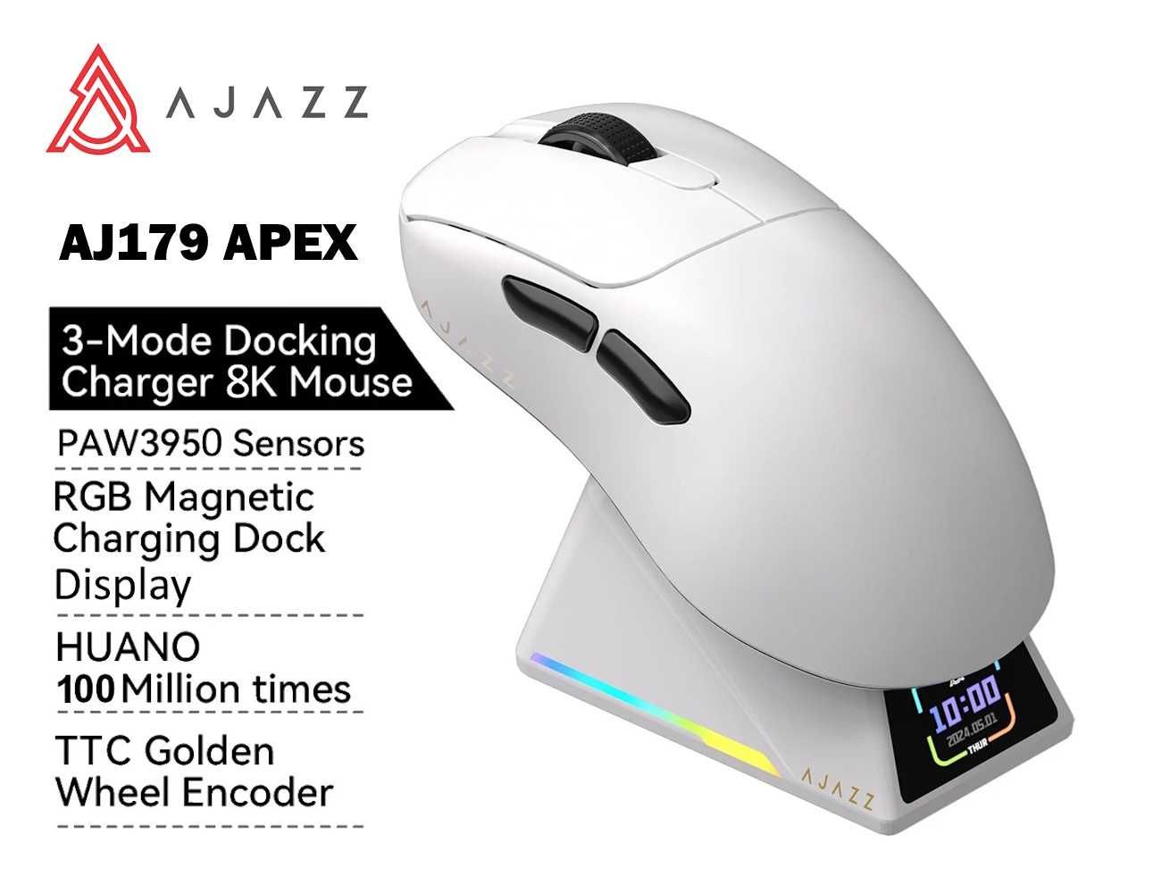 Миша AJAZZ AJ179 APEX White док-станція з екраном PAW3950 DPI 42K