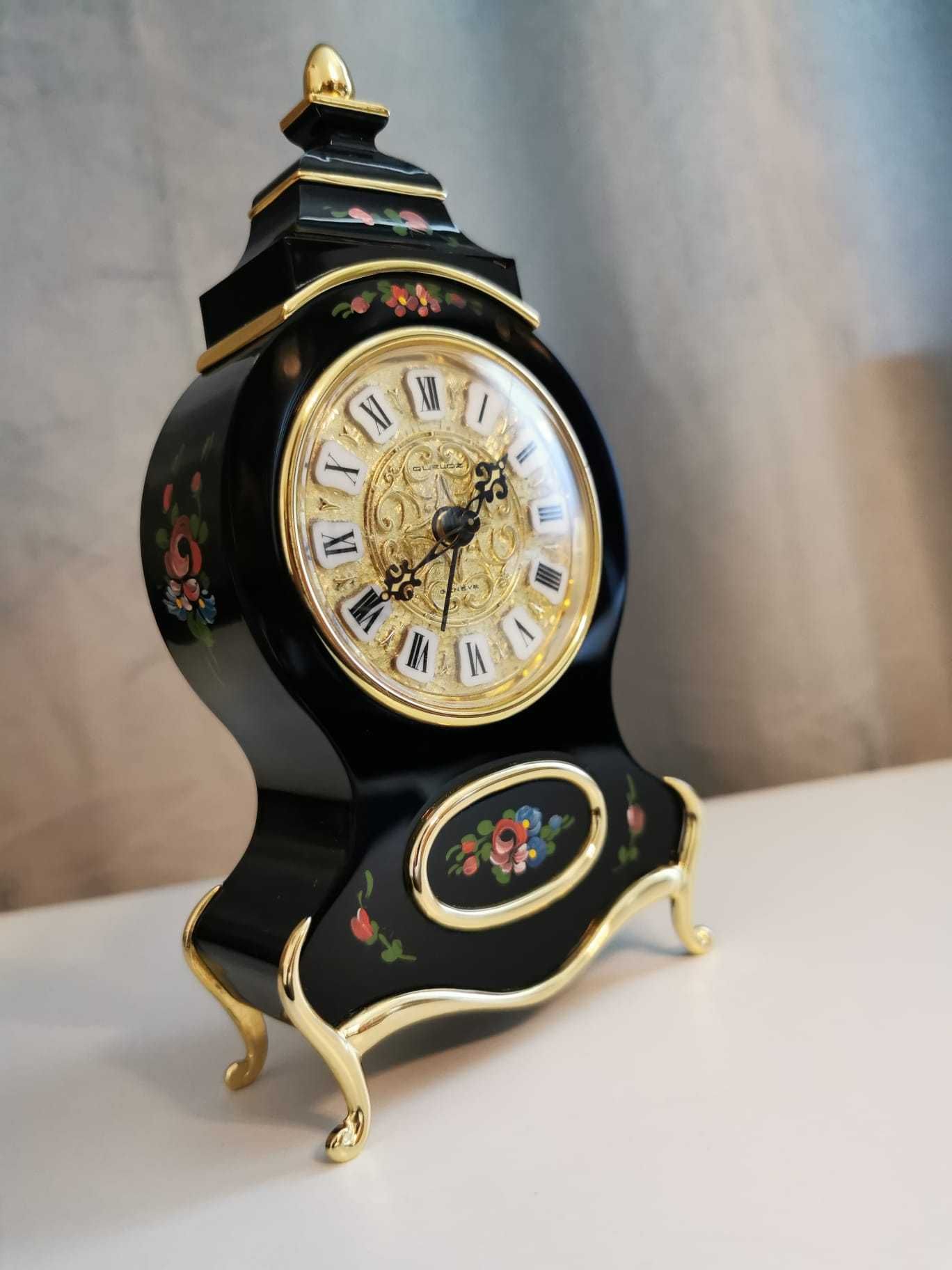 Szwajcarski Budzik kominkowy  Budzik mechaniczny Queloz Geneve lata 70