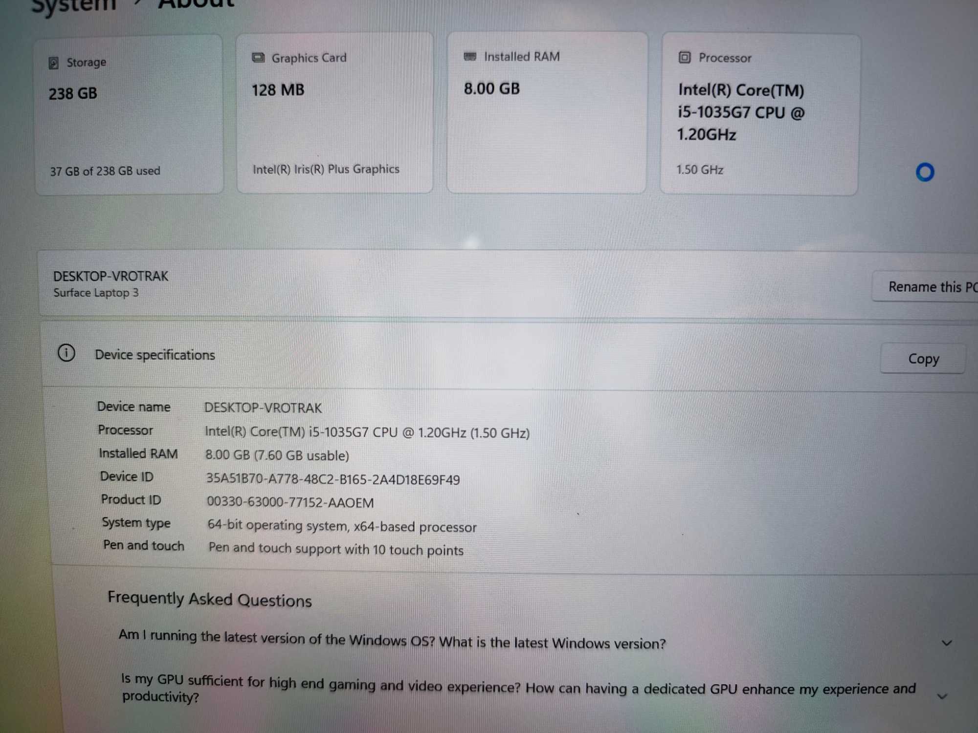 Surface Laptop 3 - I5 10gen+ 8GB + 256SSD