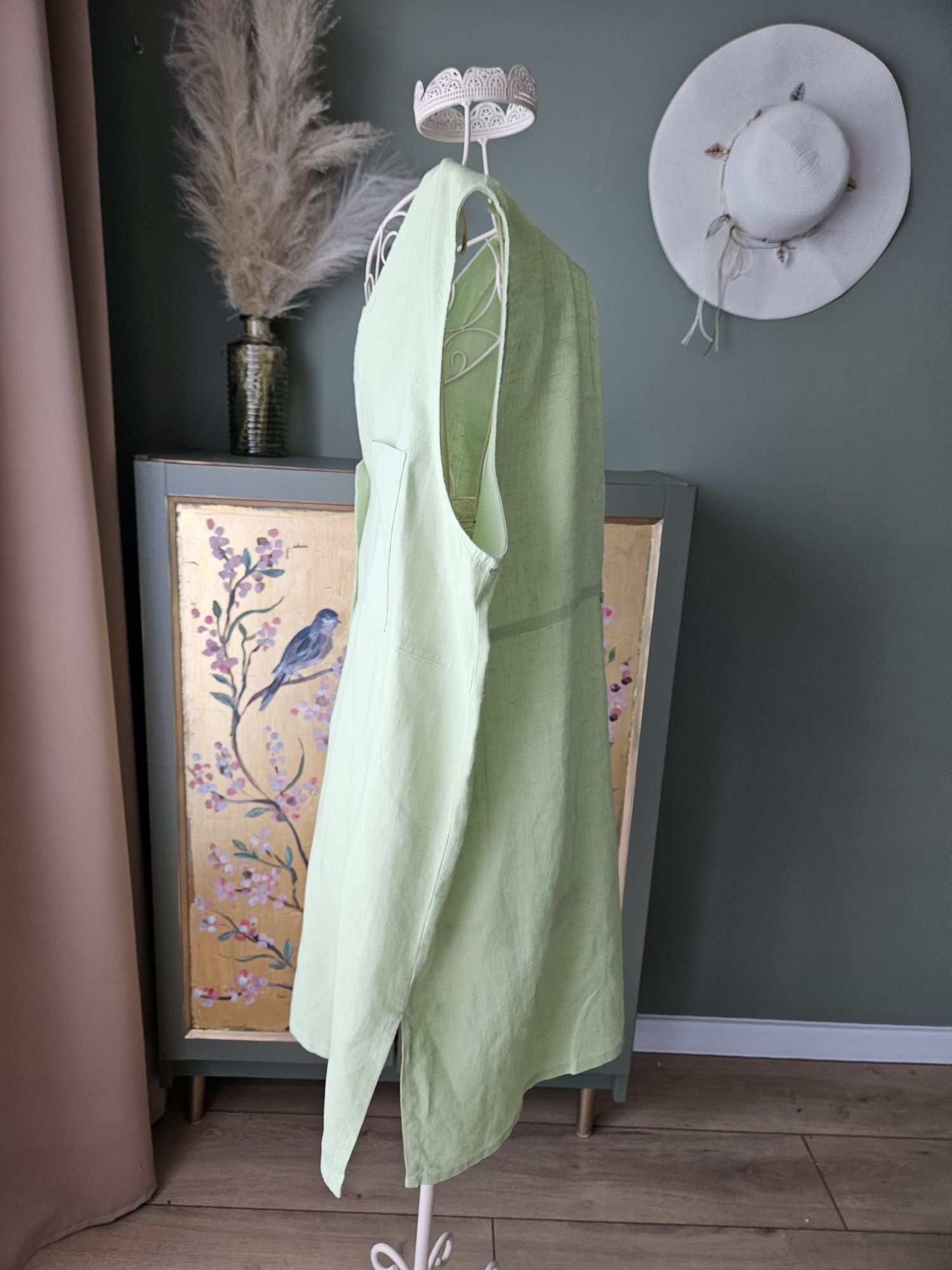 Pistacjowa lniana kamizelka damska / tunika XXL 100% Len plus size let