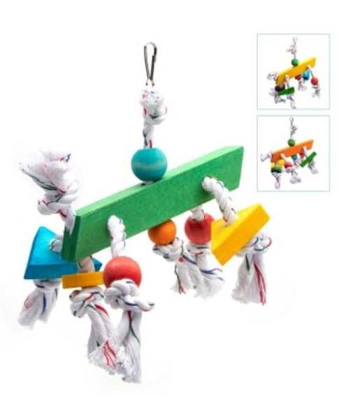 Brinquedo para Pássaros Nós de Corda de Algodão com Blocos de Madeira