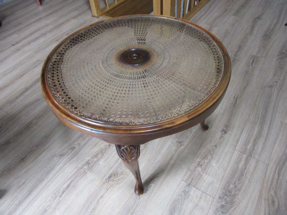 stolik kawowy vintage stylowy okragly drewno, rattan,szklo   86cm-60cm