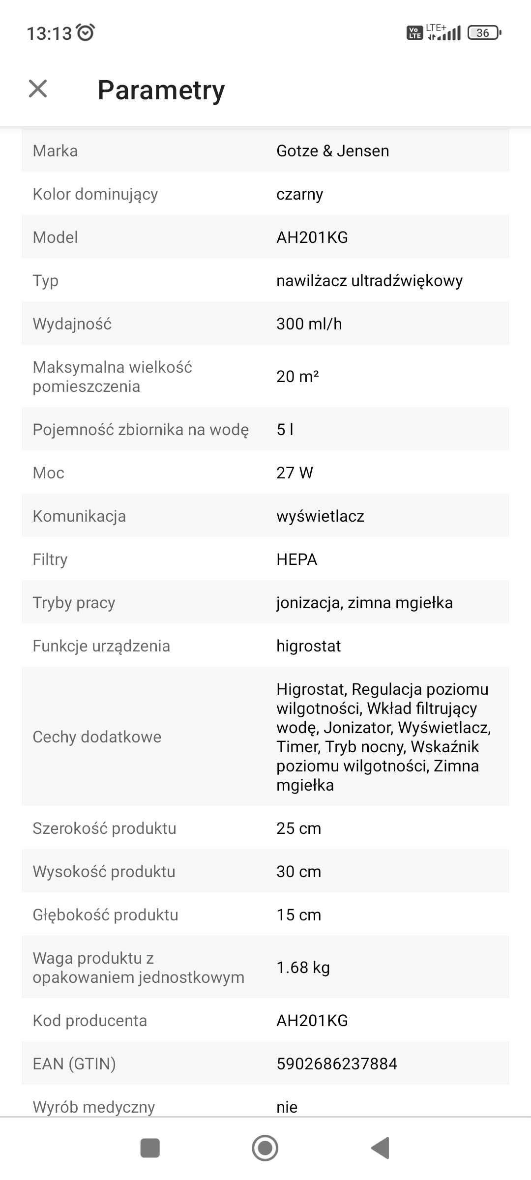 Nawilżacz GOTZE & JENSEN AH201KG ultradźwiękowy pojemność 5L jonizacja