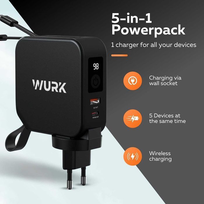 Wurk 5w1 Powerbank – bezprzewodowa ładowarka – wtyczka podróżna