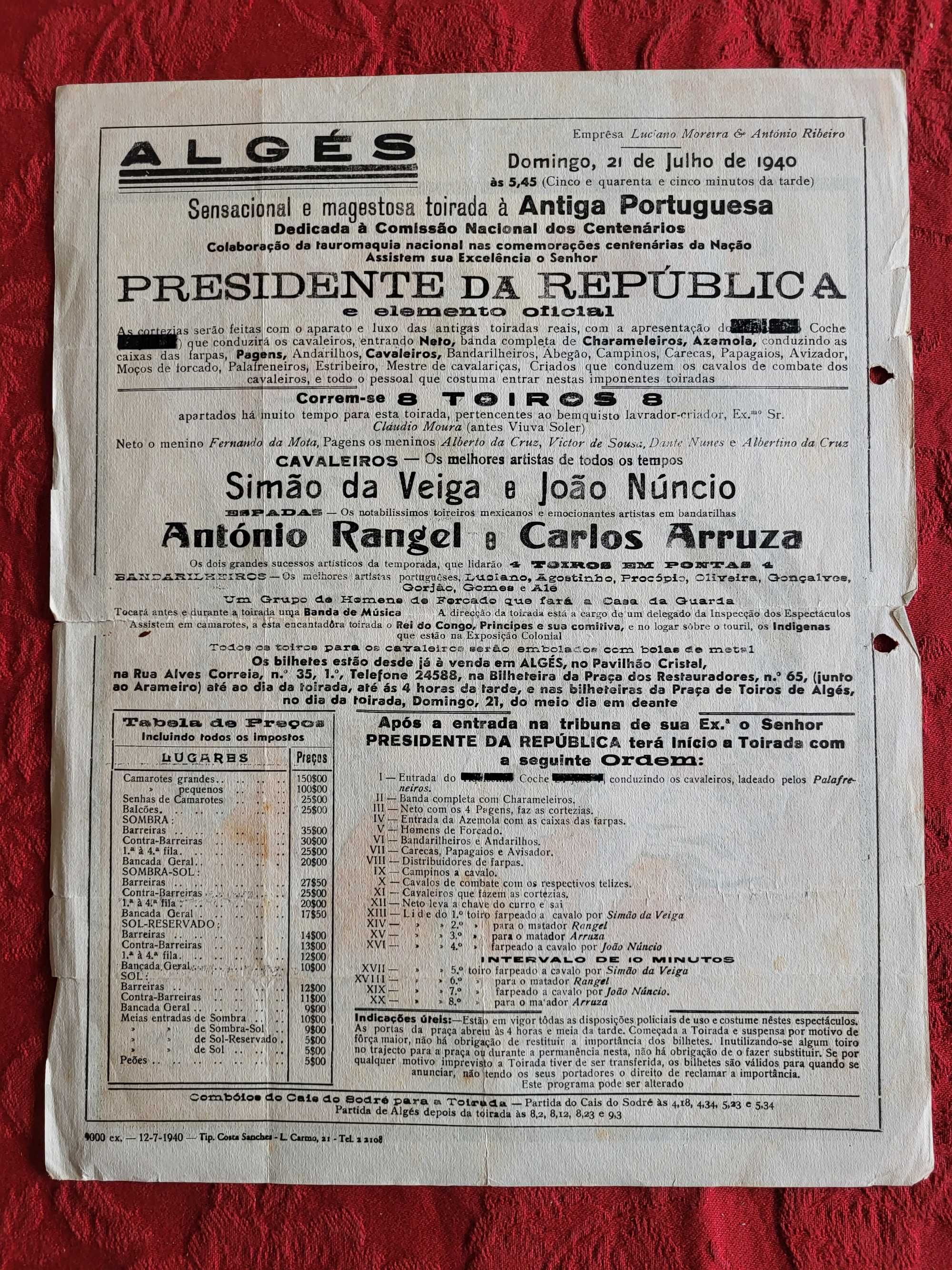 Cartaz Tourada 'Comissão dos Centenários' (1940)