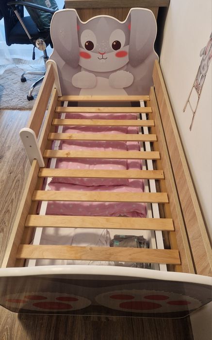 Łóżeczko łóżko dziecięce drewniane królik 140x70 materac pościel