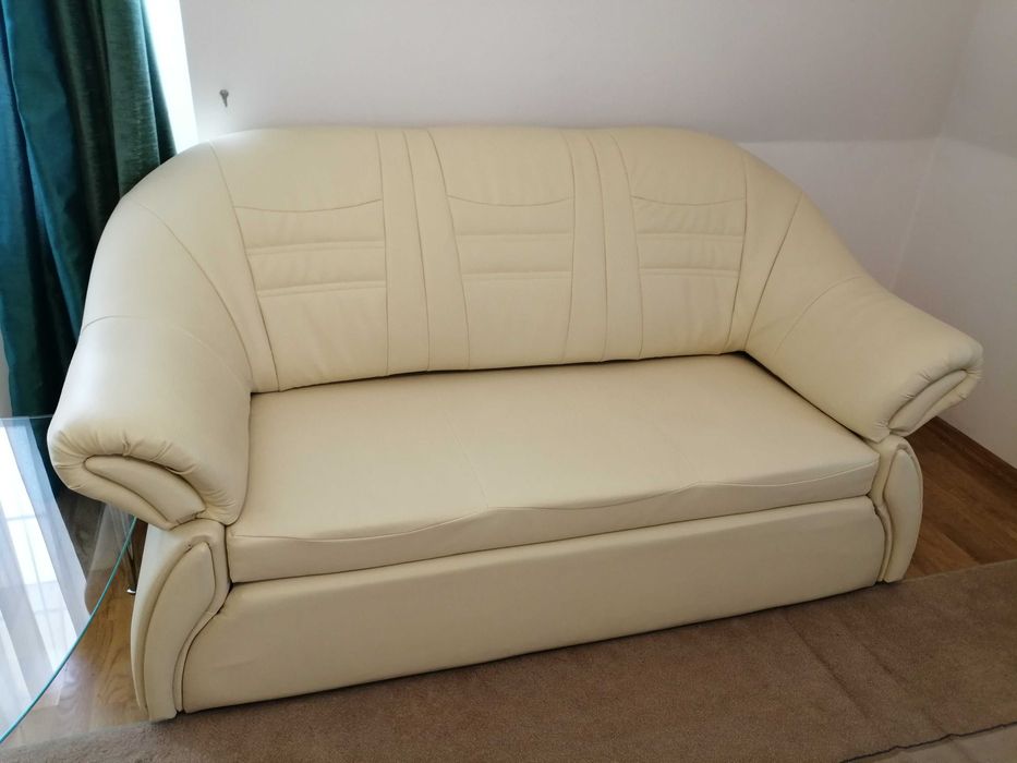 Sofa z funkcją spania, kolor: krem, skóra ekologiczna