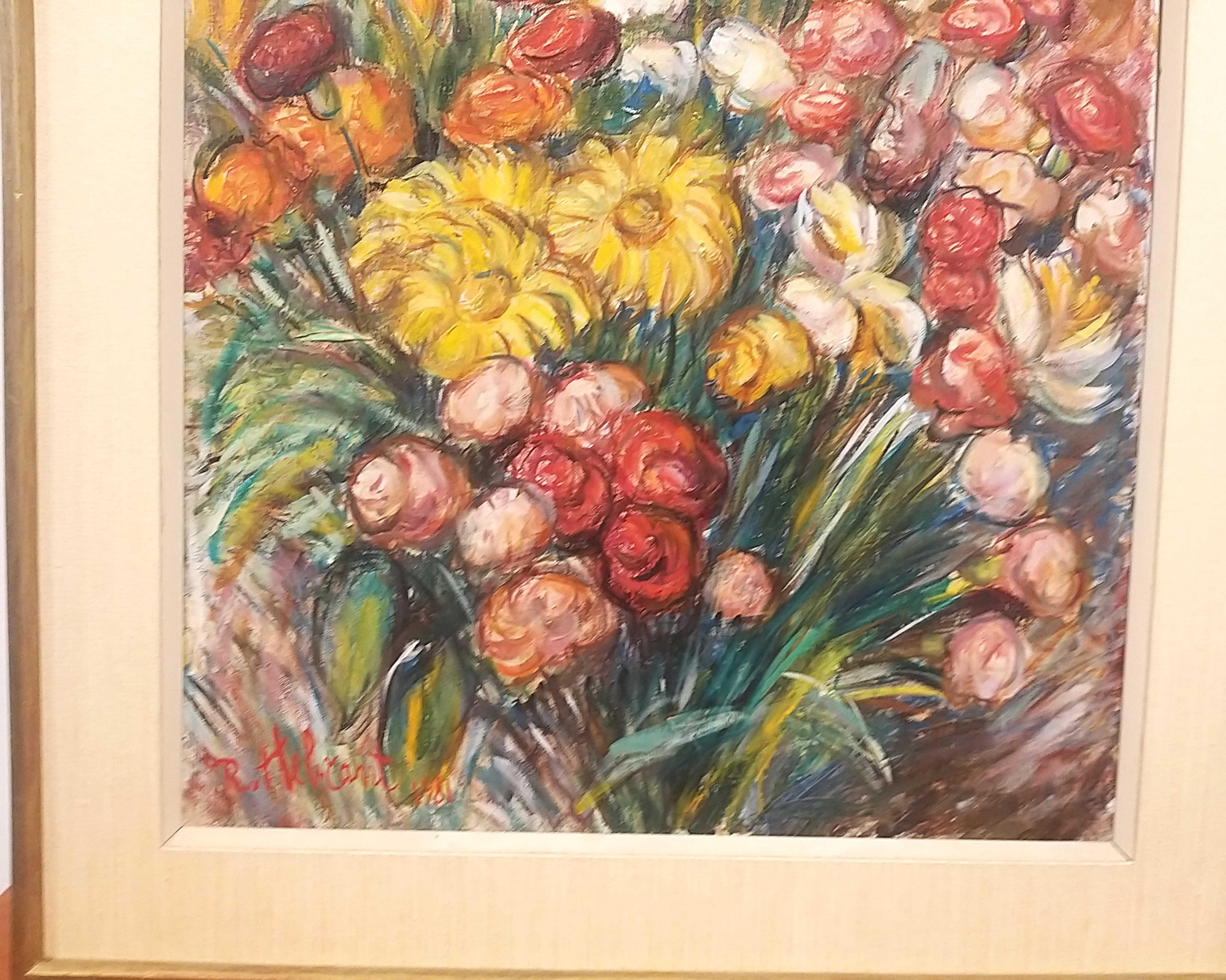 Olej na płótnie "Bukiet kwiatów" R. Hebrant 1981r Belgia  65/54cm