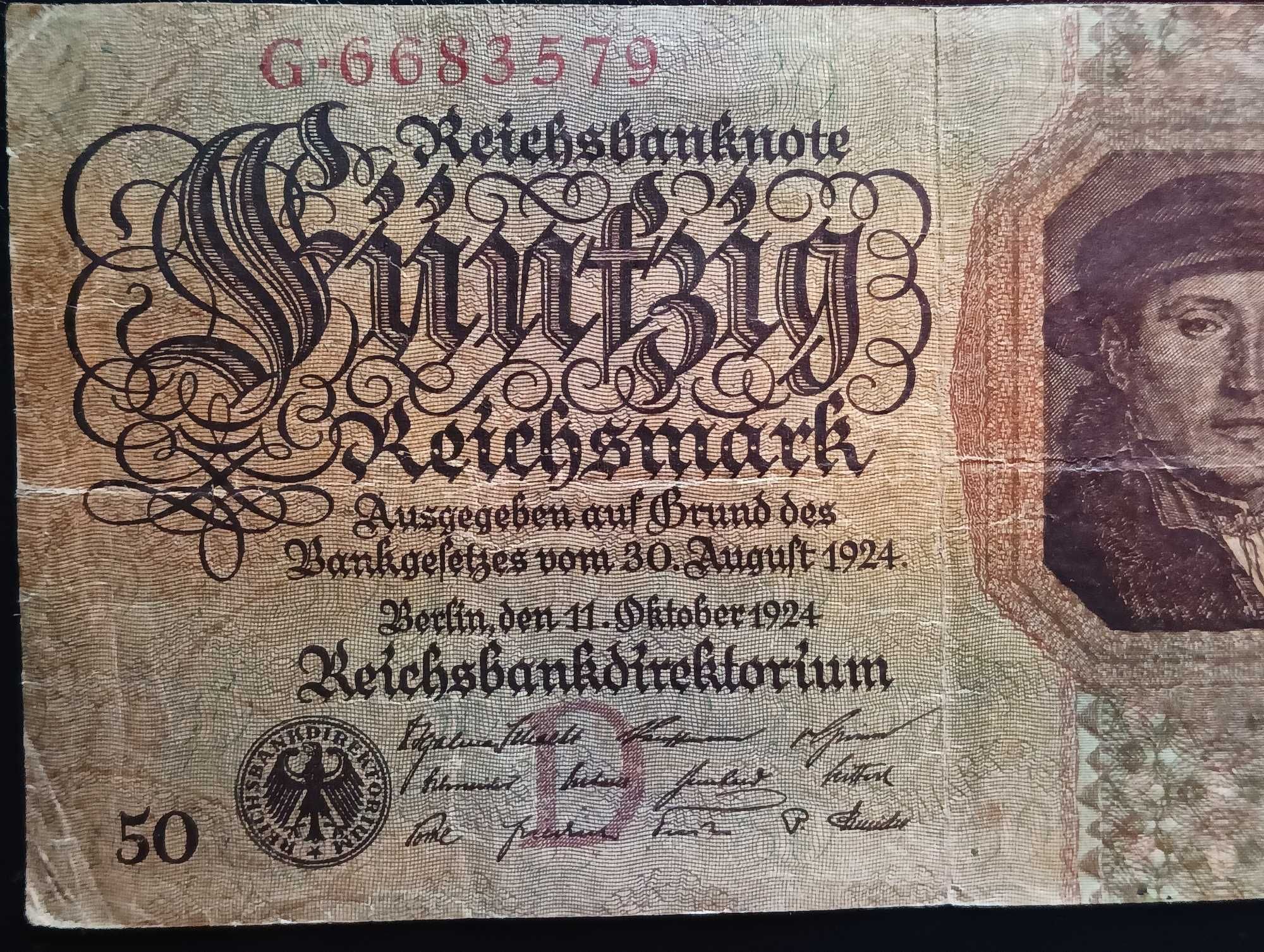 Banknot Funfzig ReichMark 1924r. Kolekcjonerski
