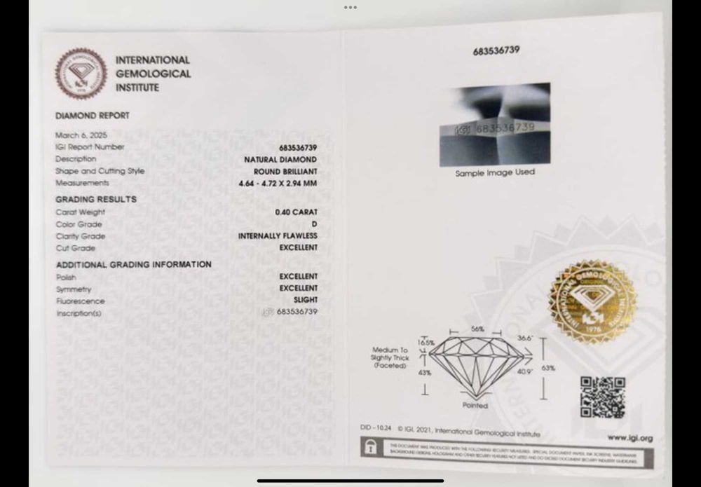 Naturalny Diament / Brylant INWESTYCYJNY 0.40ct D/IF 3xExcellent IGI