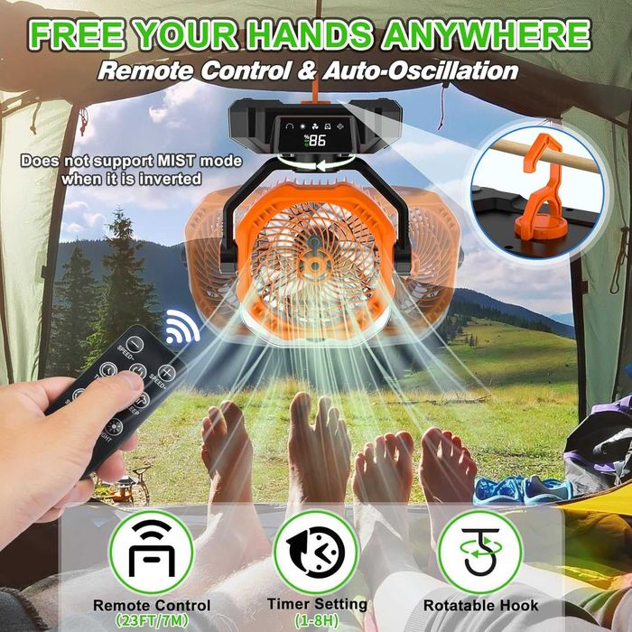 Wentylator z funkcją mgiełki, akumulatorowy, kempingowy 20000 mAh
