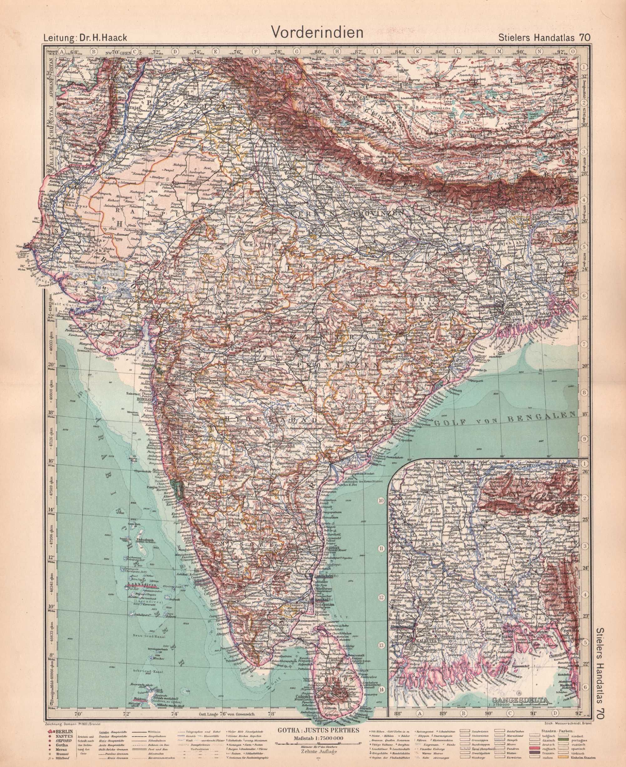 Indie Cejlon Nepal Himalaje. Mapa miedzioryt 1931 r. Autentyk
