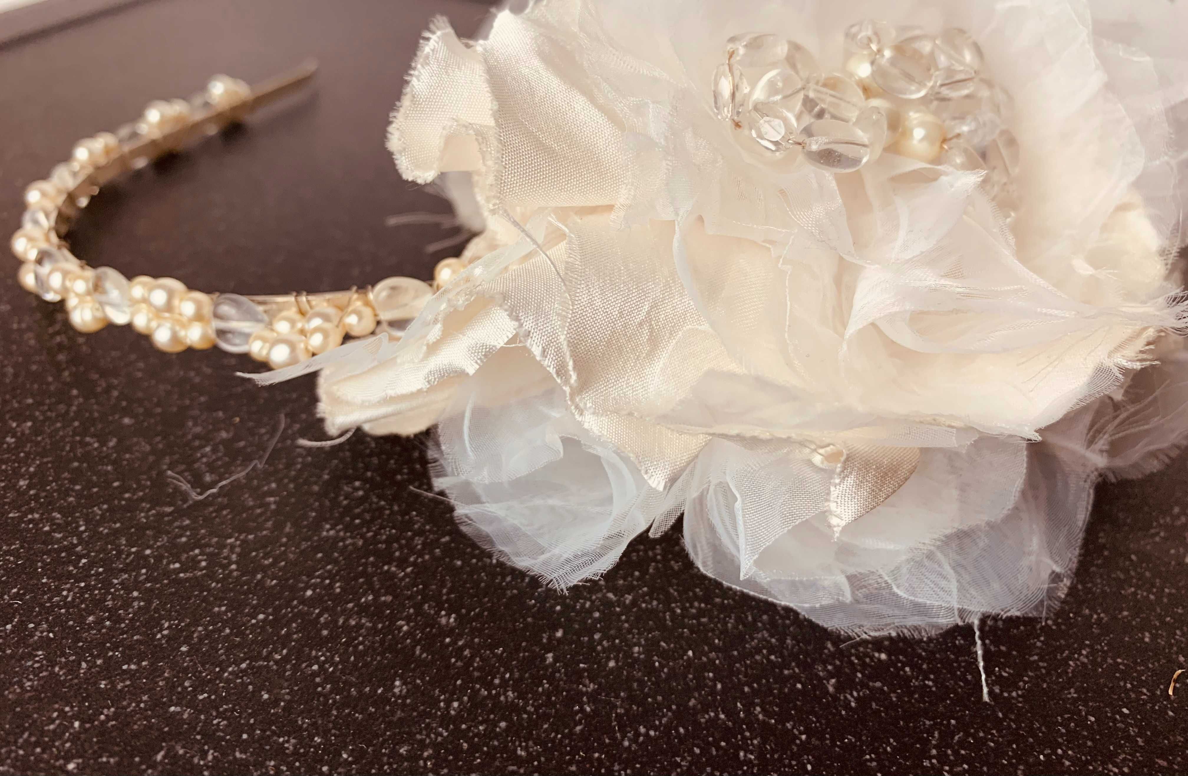 nowa artystyczna opaska kwiat jedwab tiul perły ślub diadem boho xxl