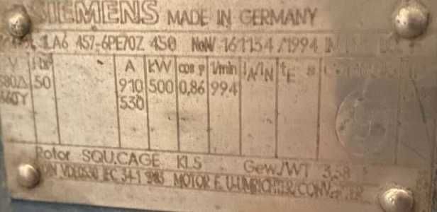 Silnik elektryczny 500 kW 980 obr SIEMENS Falownik