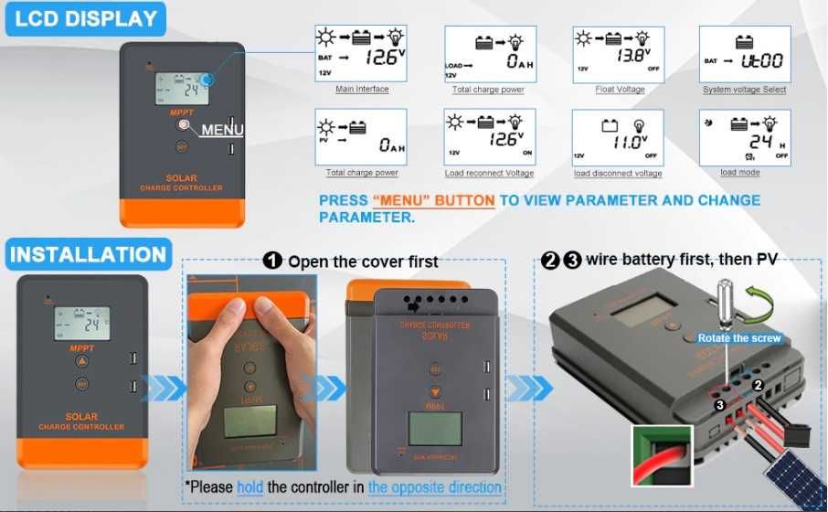 Controlador Carga MPPT 20A, 30A, 40A 12v/24v c/LCD