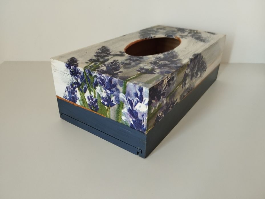 Drewniane pudełko pojemnik na chusteczki lawenda decoupage