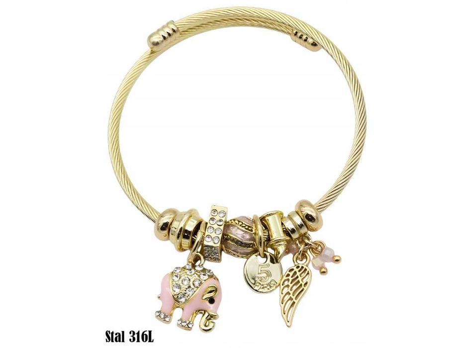 Bransoletka Złota Modułowa Charms Słoń Skrzydło Stal Chirurgiczna LK3