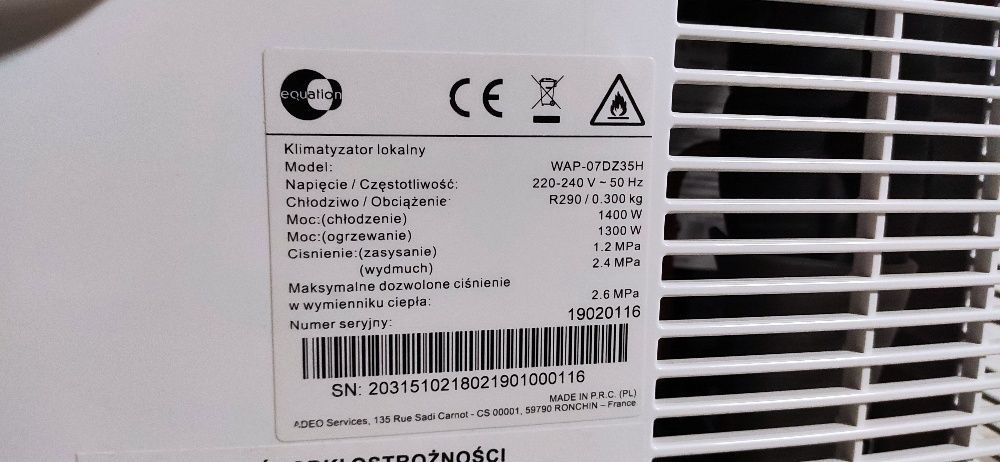 Klimatyzator pokojowy lokalny EQUATION WAP-357DZH