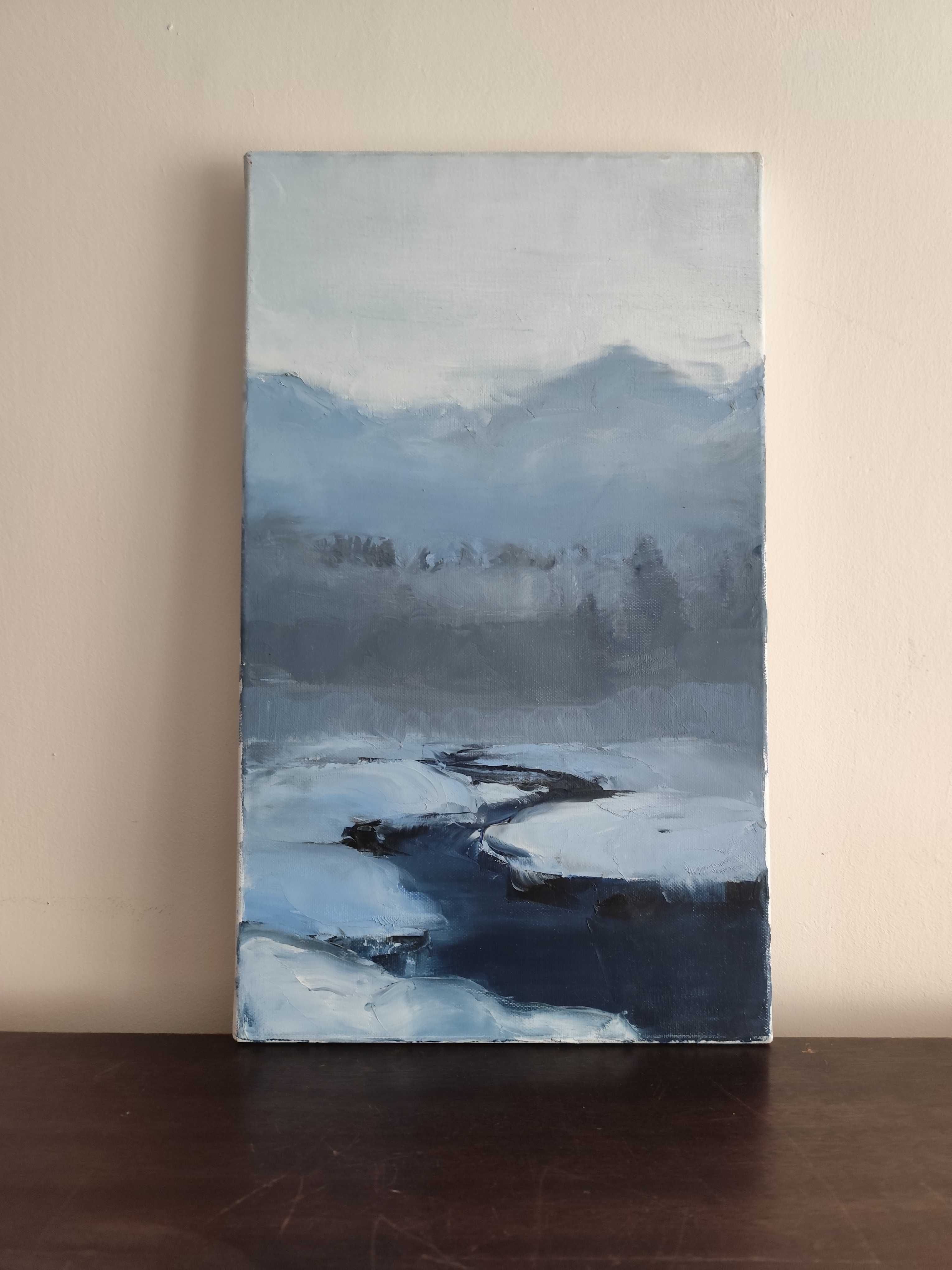 Ręcznie malowany obraz na płótnie, Tajemniczy Zimowy Pejzaż 46x27cm