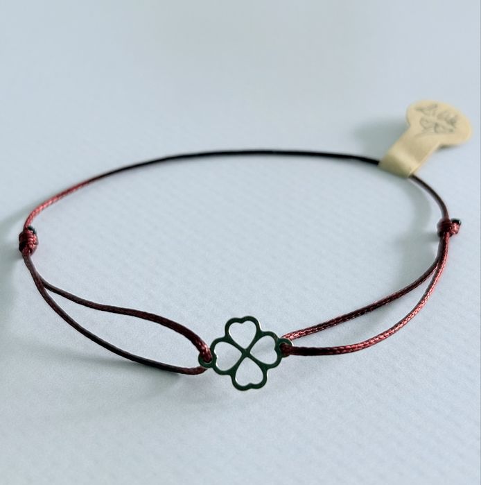 Bransoletka ZŁOTA koniczyna 585 sznurkowa sznurek na prezent