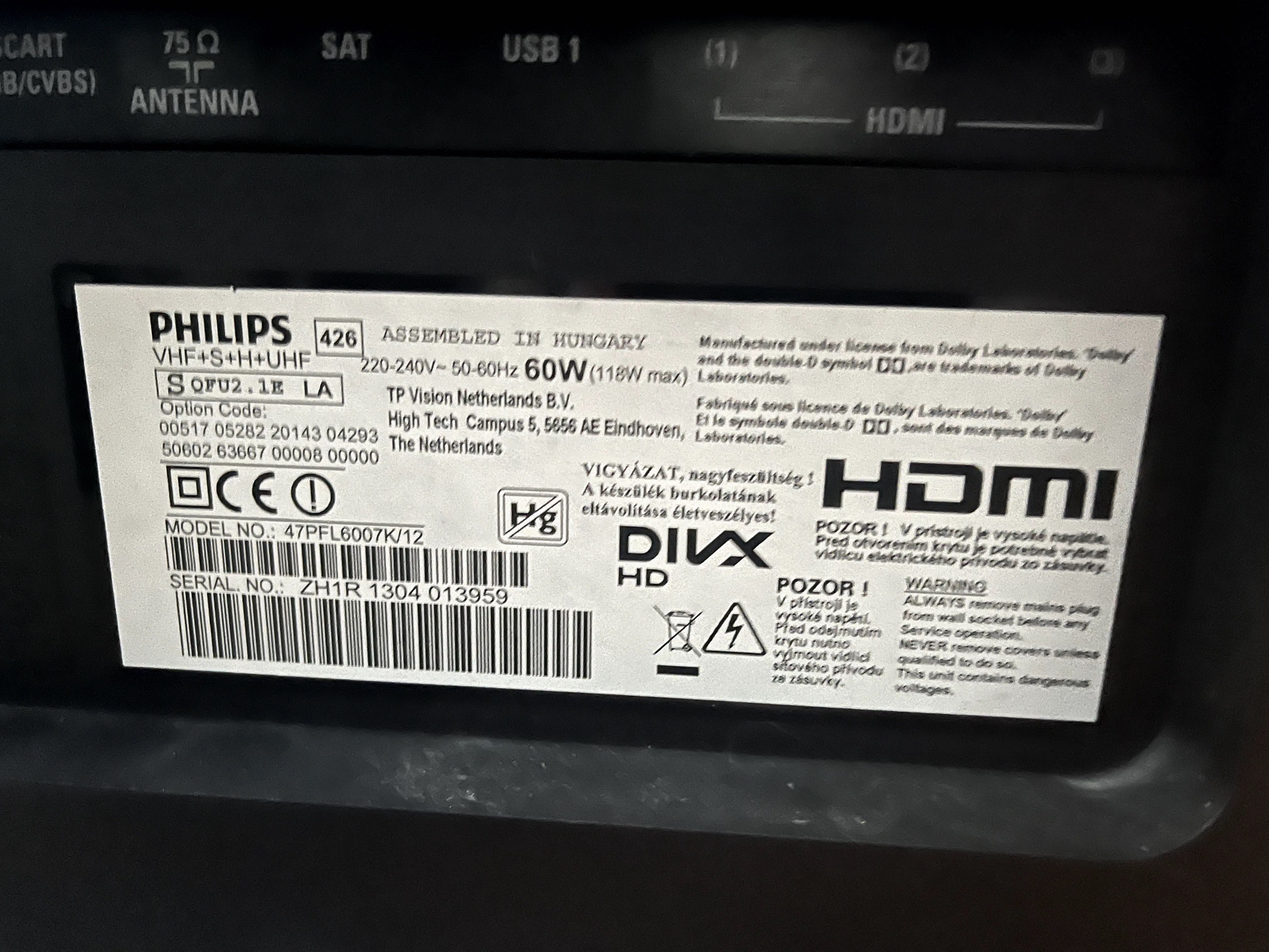 Telewizor PHIILIPS 47PFL6007K/12 bez płyty głównej
