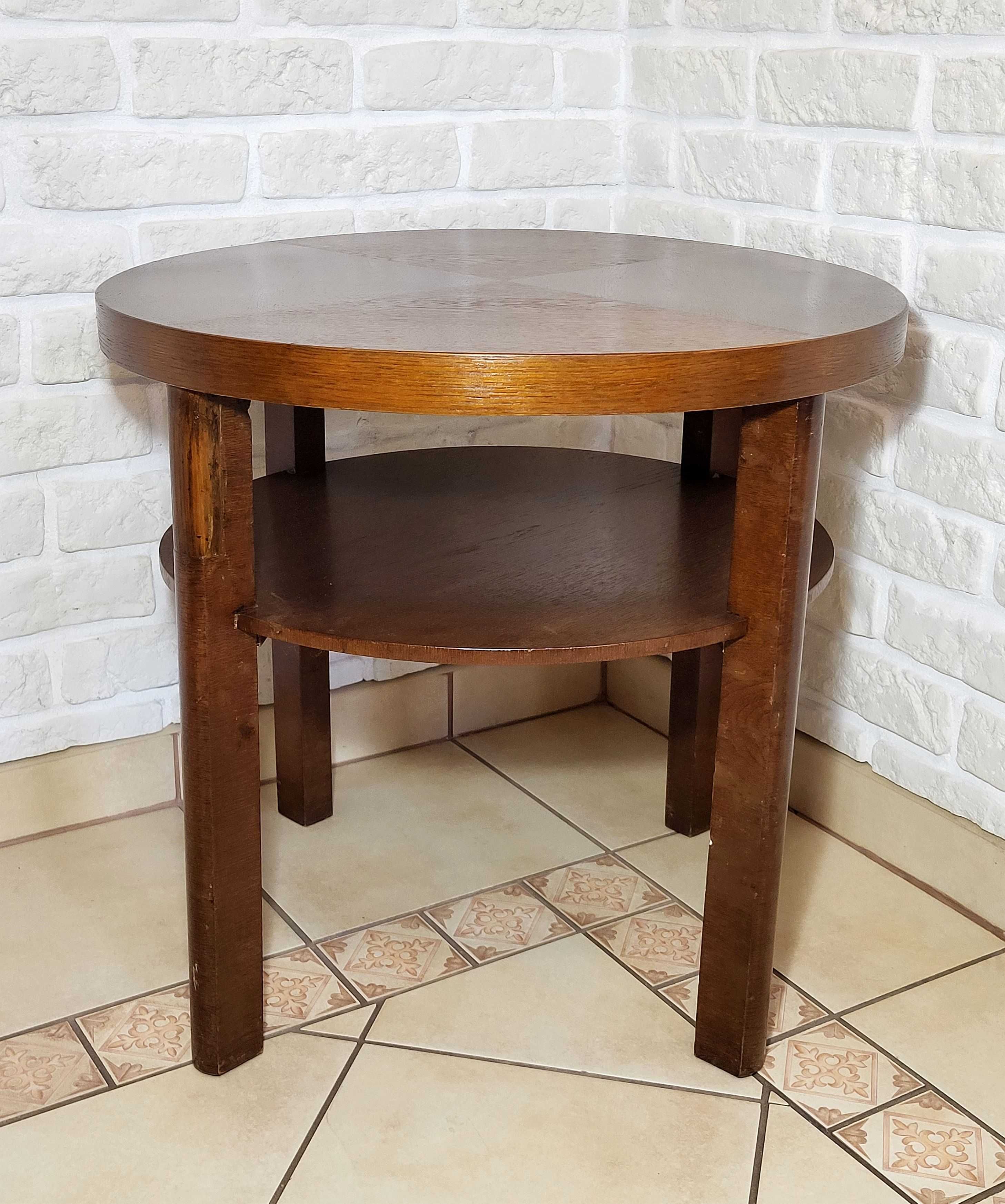 Stary Stół stolik okrągły kwietnik drewniany z półką vintage