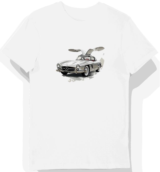 Koszulka męska biała z rysunkiem kultowego auta Mercedes 1957 S