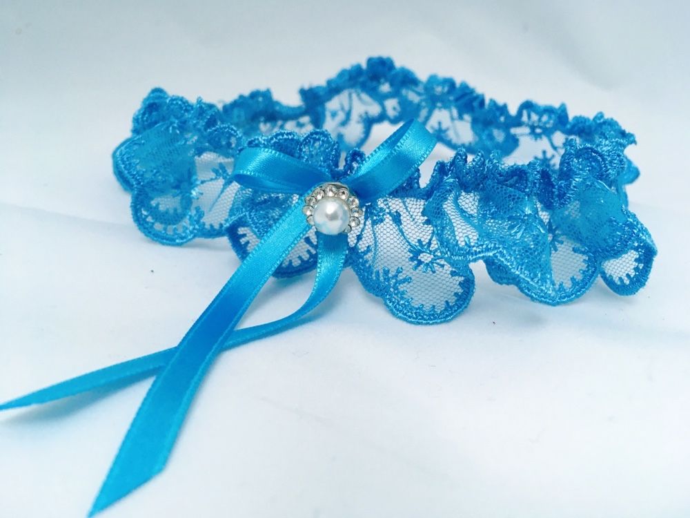 Podwiązka ślubna handmade kolor niebieski