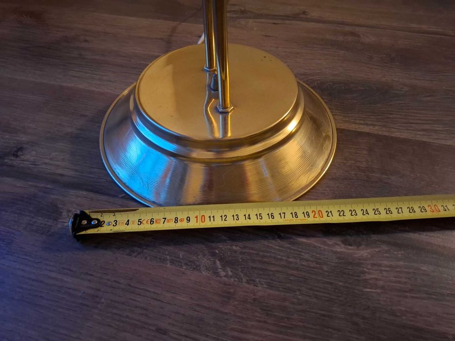 lampa podłogowa, stojąca torch, żółty metal, ciężka, styl lata 50te