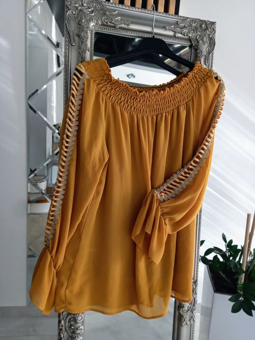 Bluzka L/XL musztardowa elegancka jesienna ozdobne rękawy