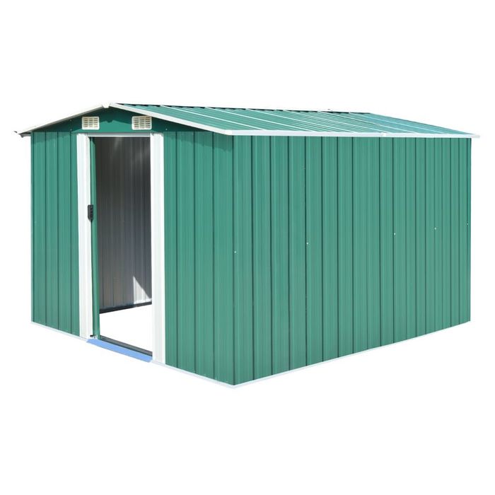 Abrigo de jardim em metal verde com portas de correr — 257x298x178 cm