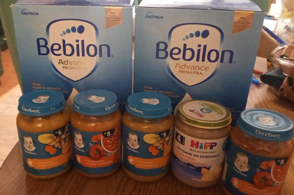 2x mleko bebilon plus zupki Gerber I deser hipp