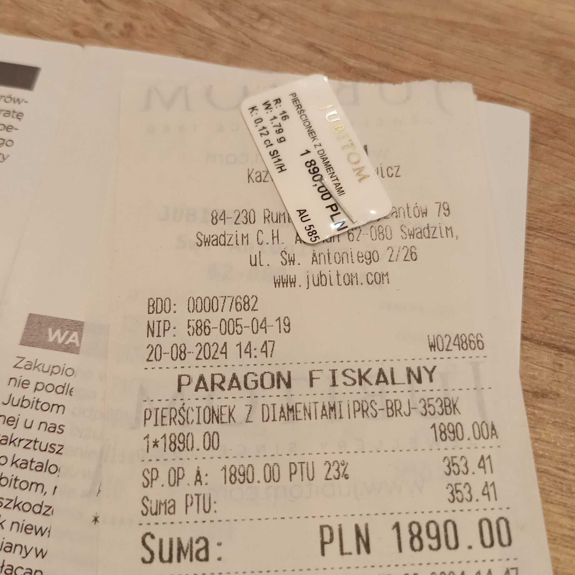 Złoty Pierścionek z diamentem 0.12 ct JUBITOM . CERTYFIKAT