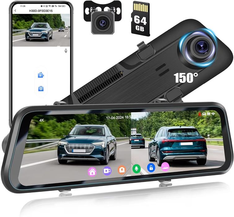 CAMECHO 12" WiFi Lustro Dashcam 4K+1080P, podwójne lusterko GPS, kamer
