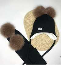 Дитяча зимова шапка і шарф з натуральними помпонами 46 см 6-12 місяців