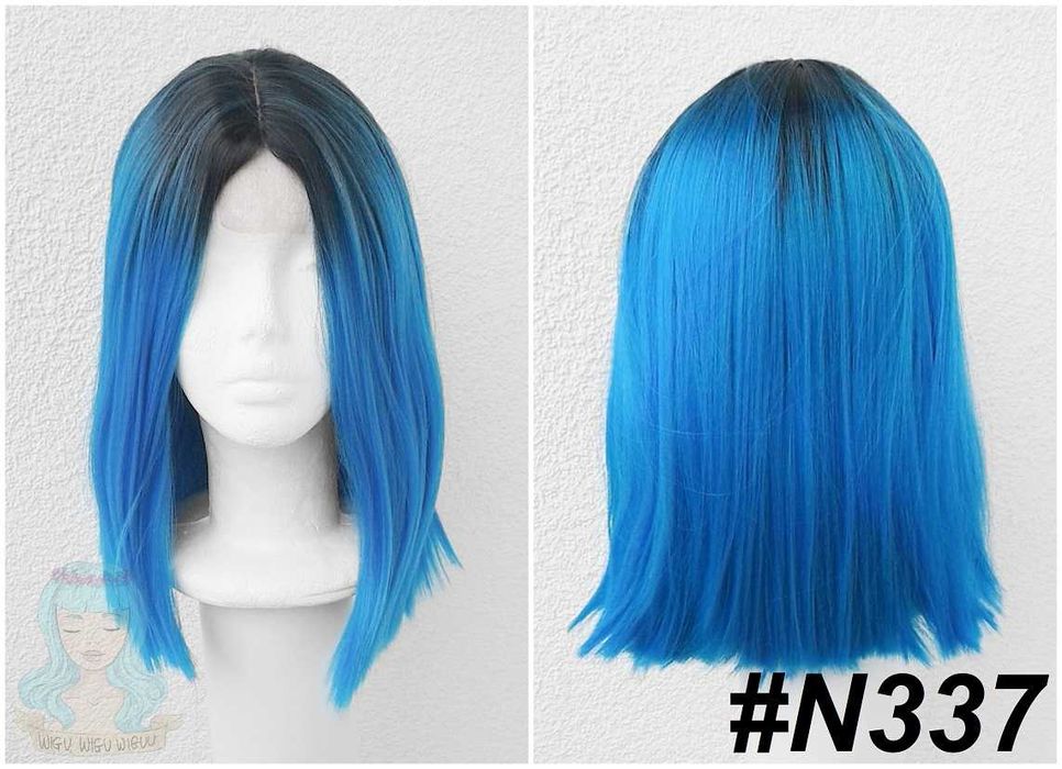 Peruka niebieska z odrostem czarnym przedziałek Lace Front cosplay wig