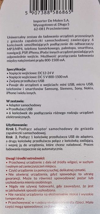 Ładowarka samochodowa z przejściówkami na mini USB, micro USB i inne