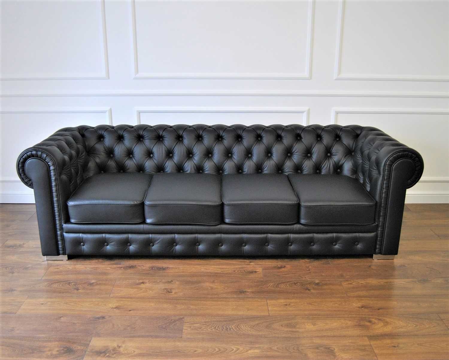 Pikowana sofa chesterfield skórzana 4-osobowa skóra naturalna czarna