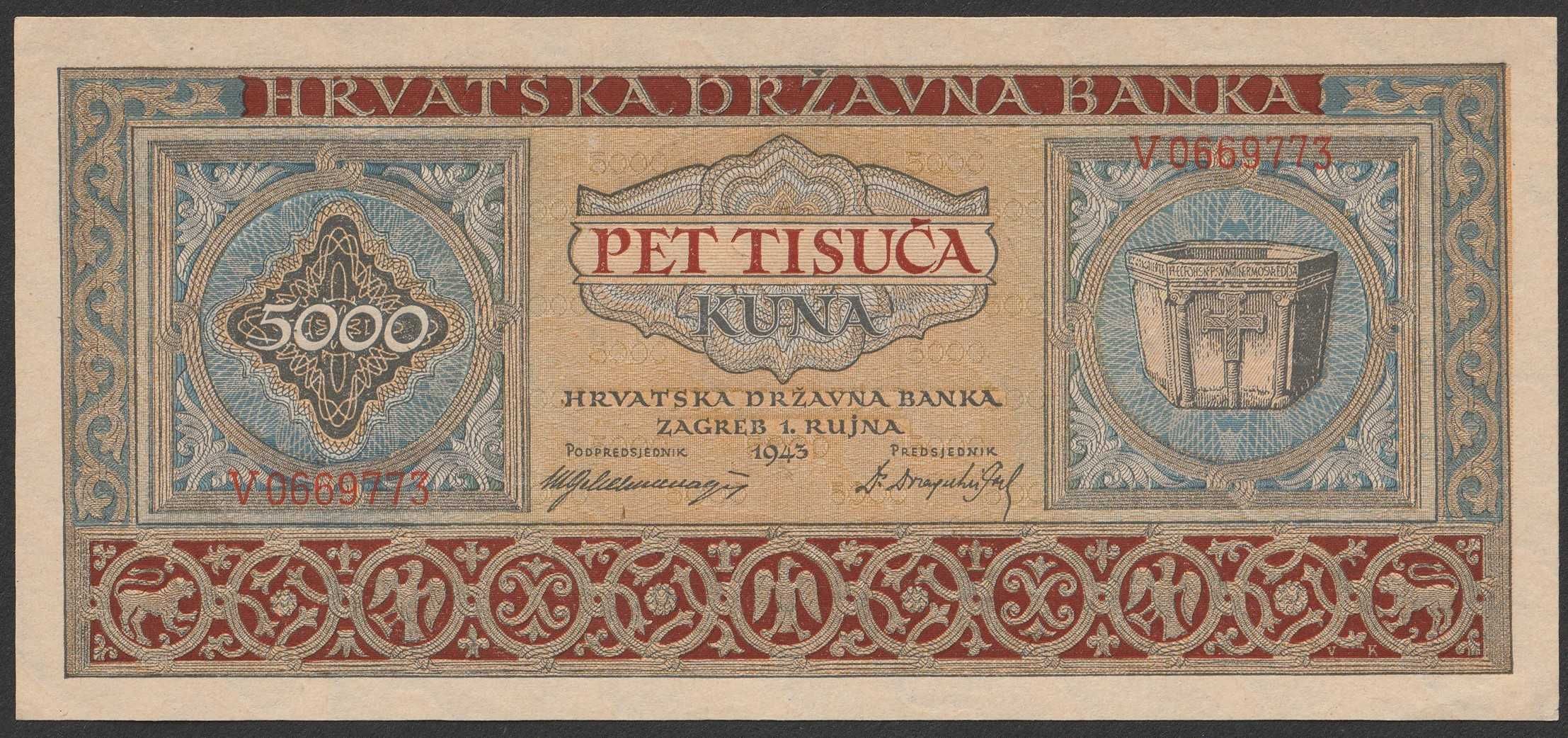 Chorwacja 5000 kuna (kun) 1943 - V 066 - stan bankowy - UNC -