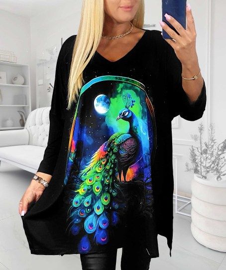 BLUZKA PLUS SIZE TUNIKA 50/52/54/56 rękaw 3/4 asymetryczna paw