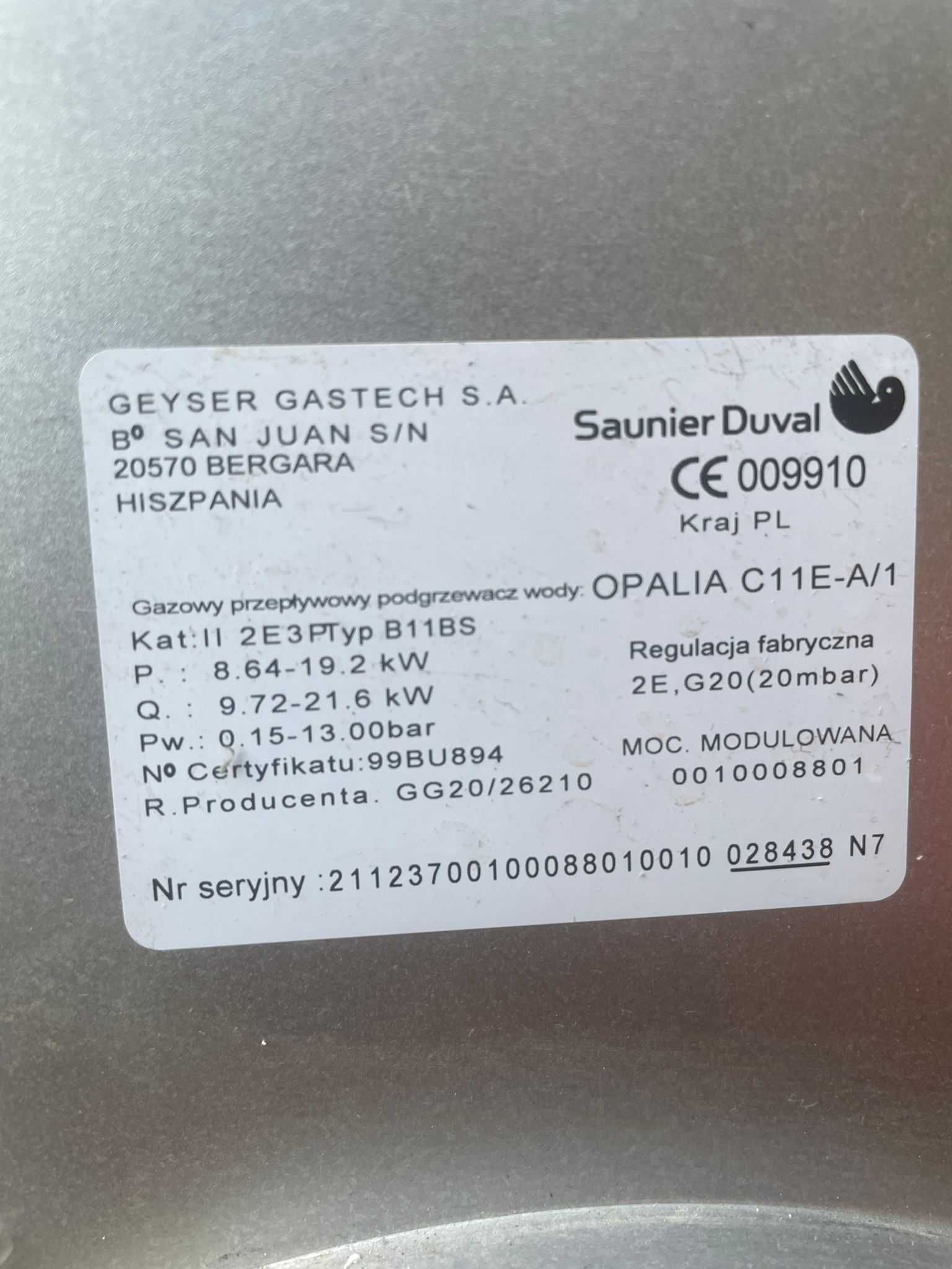 Piec gazowy Saunier Duval OPALIA C11 19,5kW 9003