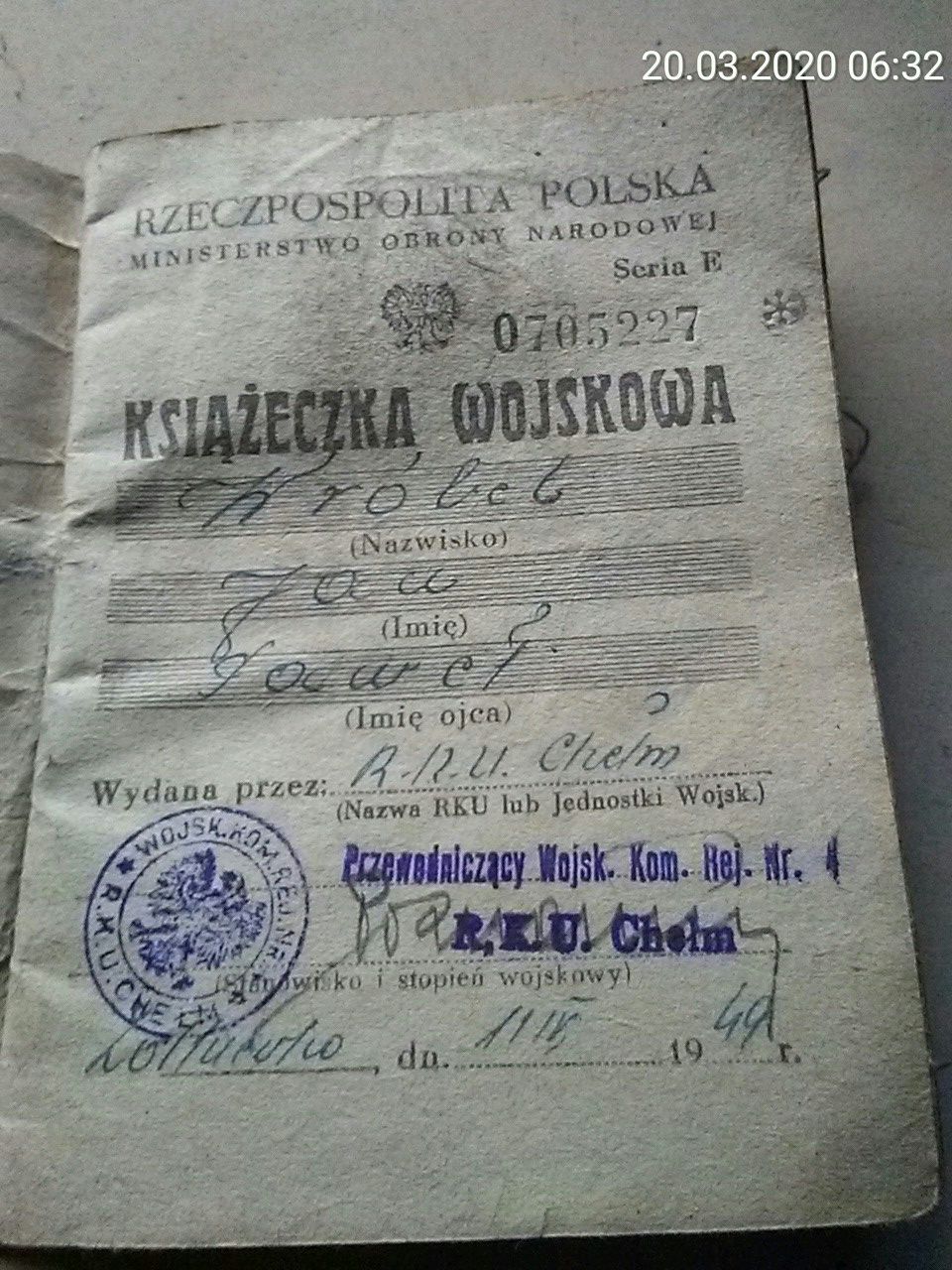 Książeczka wojskowa z 1949r.