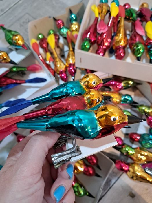 Bombki szklane ptaszki na klipsie unikat retro styl prl