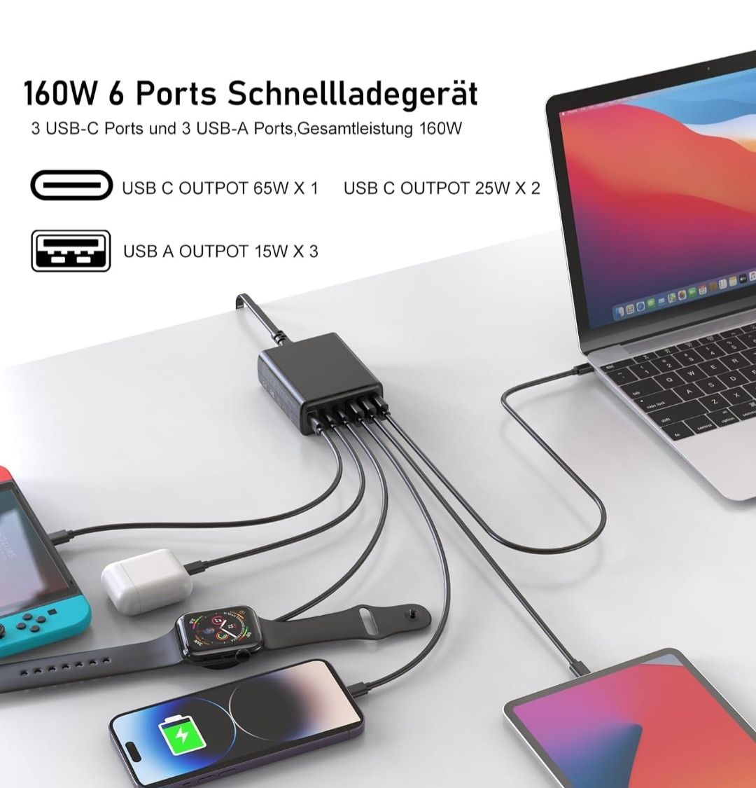 Ładowarka USB C, wielokrotna, 160 W, 6 portów