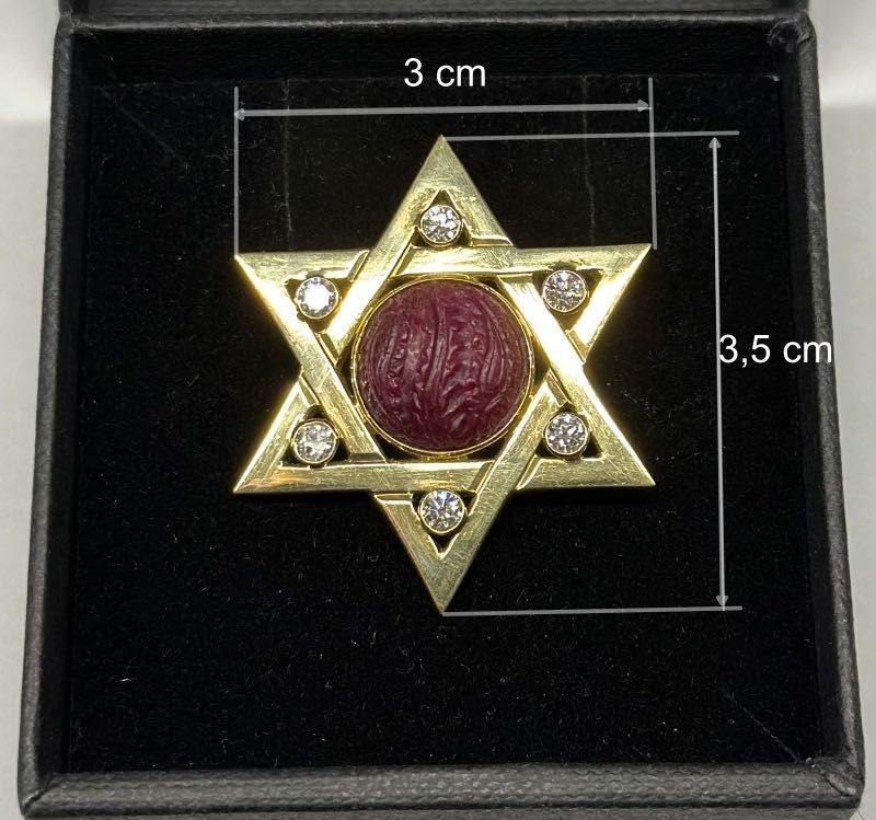 złota zawieszka * gwiazda Dawida * diamenty * rubin * certyfikat